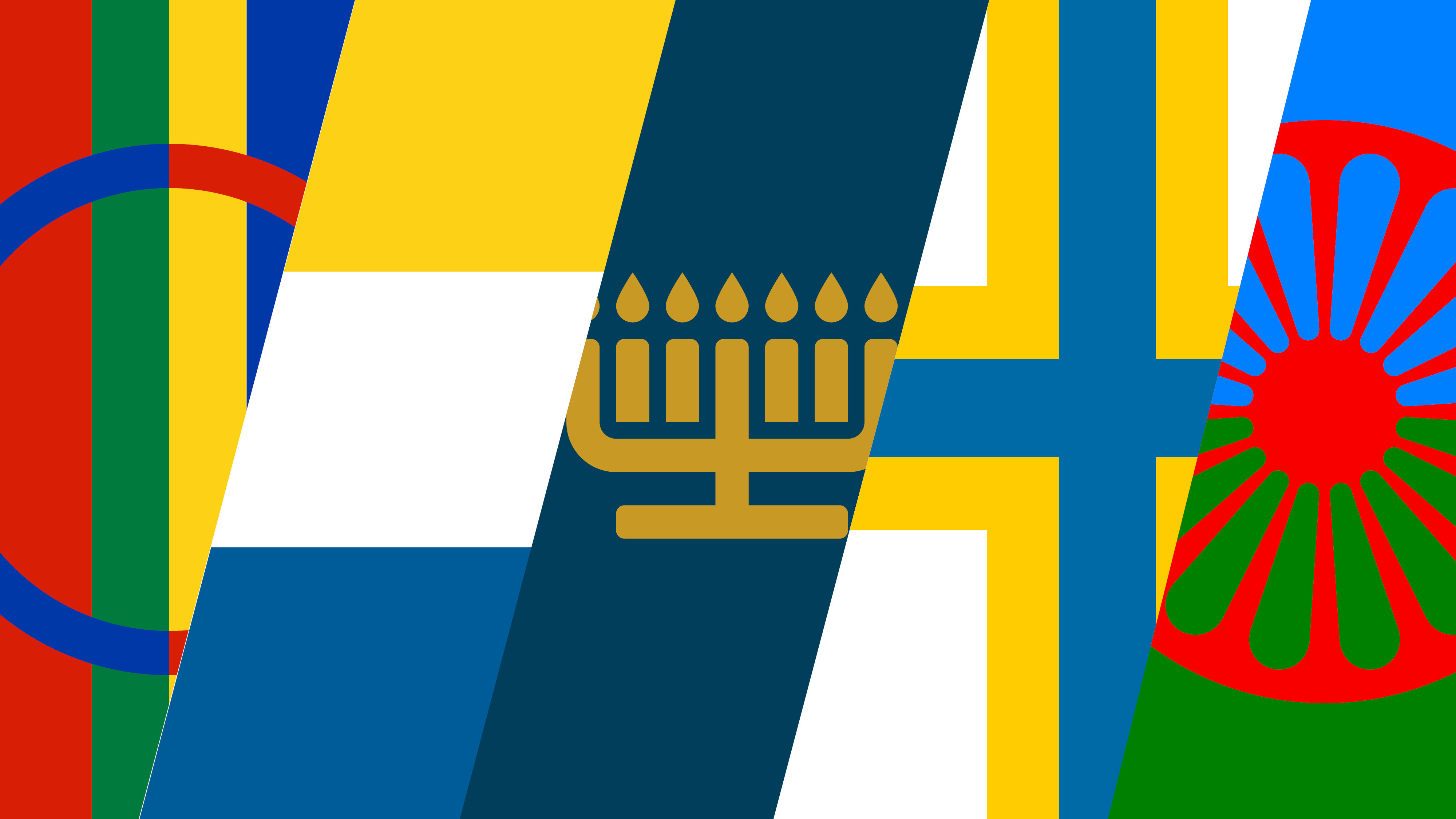 Gemensam bild på alla flaggor och symboler för Sveriges nationella minoriteter.